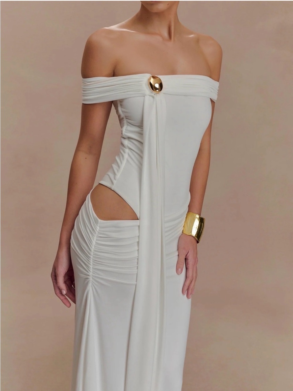 Meshki white off-the-Shoulder Cutout Gown with Gold Accent